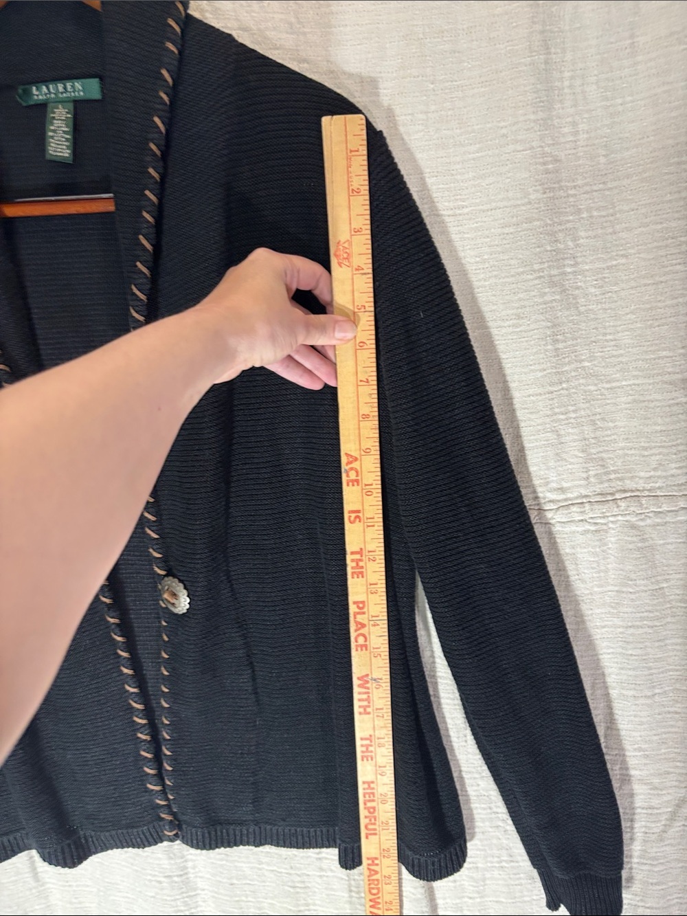 Lauren Ralph Lauren Black Cardigan with Tan Whipstitch Trim Linen Cotton Blend - Picture 7 of 10